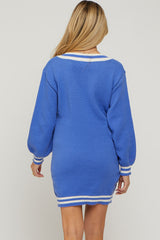 Blue Oversized Varsity Striped V-Neck Maternity Sweater Dress