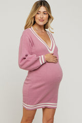 Mauve Oversized Varsity Striped V-Neck Maternity Sweater Dress