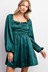 Hunter Green Pleated Bubble Sleeve Satin Mini Dress