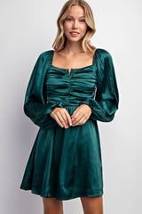 Hunter Green Pleated Bubble Sleeve Satin Mini Dress