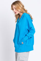 Blue Hooded Button Pullover Sweater