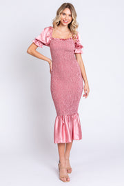 Pink Smocked Satin Midi Dress