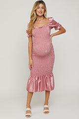 Pink Smocked Satin Maternity Midi Dress