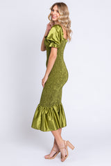 Lime Smocked Satin Midi Dress