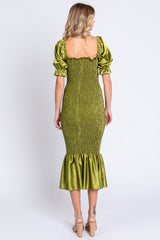 Lime Smocked Satin Midi Dress