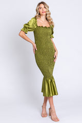 Lime Smocked Satin Midi Dress