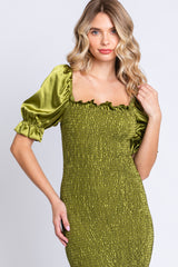 Lime Smocked Satin Midi Dress