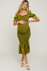 Lime Smocked Satin Maternity Midi Dress