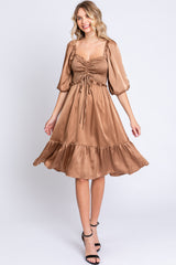 Mocha Satin Smocked Ruffle Hem Maternity Dress