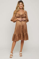 Mocha Satin Smocked Ruffle Hem Maternity Dress