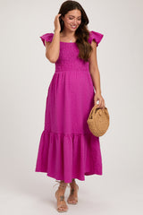 Magenta Sleeveless Smocked Tiered Maternity Dress