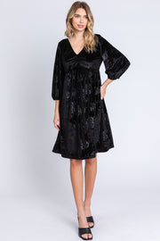 Black Velvet Floral Ruched Neck Dress