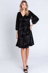 Black Velvet Floral Ruched Neck Maternity Dress