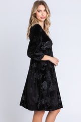 Black Velvet Floral Ruched Neck Dress