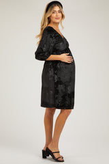 Black Velvet Floral Ruched Neck Maternity Dress