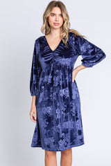 Navy Velvet Floral Ruched Neck Dress