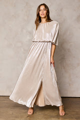 Champagne Wrinkled Slit Maxi Dress