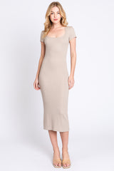 Taupe Rib Knit Short Sleeve Midi Dress