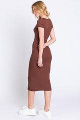 Brown Rib Knit Short Sleeve Midi Dress