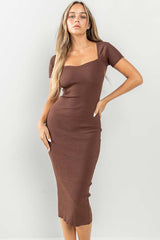 Brown Ribbed Midi Dress