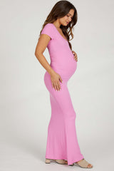 Pink Ribbed Scoop Neck Maternity Maxi Dress