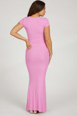 Pink Ribbed Scoop Neck Maternity Maxi Dress