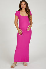 Fuchsia Ribbed Scoop Neck Maternity Maxi Dress