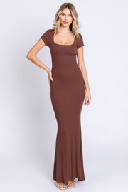 Brown Ribbed Scoop Neck Maxi Dress