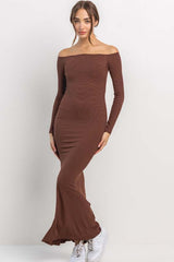 Brown Ribbed Off Shoulder Long Sleeve Maternity Maxi Dress