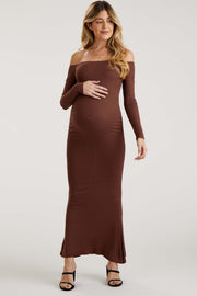 Brown Ribbed Off Shoulder Long Sleeve Maternity Maxi Dress