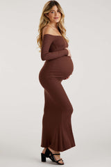 Brown Ribbed Off Shoulder Long Sleeve Maternity Maxi Dress