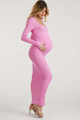 Pink Ribbed Long Sleeve Square Neck Maternity Maxi Dress