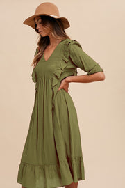 Olive Ruffle Detail Babydoll Woven Midi Dress