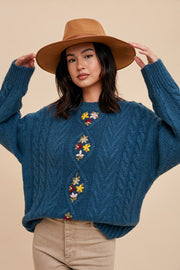 Emerald Teal Floral Embroidered Sweater