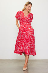 Red Floral Button Front Short Sleeve Maternity Midi Dress