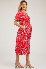 Red Floral Button Front Short Sleeve Maternity Midi Dress