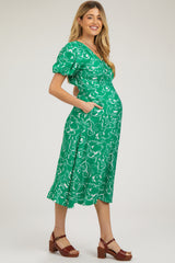 Green Floral Button Front Short Sleeve Maternity Midi Dress