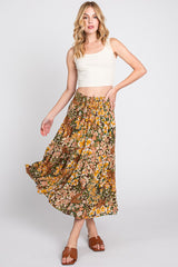 Brown Floral Smocked Waist Tiered Midi Skirt