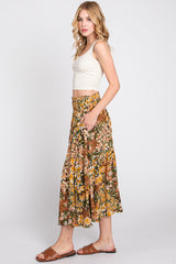 Brown Floral Smocked Waist Tiered Midi Skirt