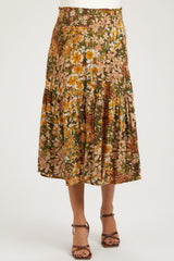 Brown Floral Smocked Waist Tiered Maternity Midi Skirt