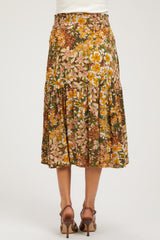 Brown Floral Smocked Waist Tiered Maternity Midi Skirt