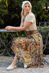 Brown Floral Smocked Waist Tiered Midi Skirt