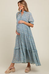 Cream Floral Chiffon Button Front Tiered Maternity Midi Dress