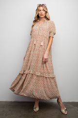 Peach Floral Chiffon Button Front Tiered Maternity Midi Dress