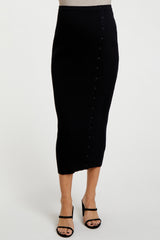 Black Rib Knit Side Button Maternity Maxi Skirt