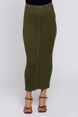 Olive Rib Knit Side Button Maternity Maxi Skirt