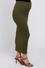 Olive Rib Knit Side Button Maternity Maxi Skirt