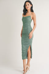 Sage Floral Lace Ruched Cross Back Maternity Midi Dress