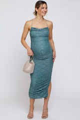 Sage Floral Lace Ruched Cross Back Maternity Midi Dress