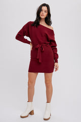 Wine Boatneck Sweater Dress